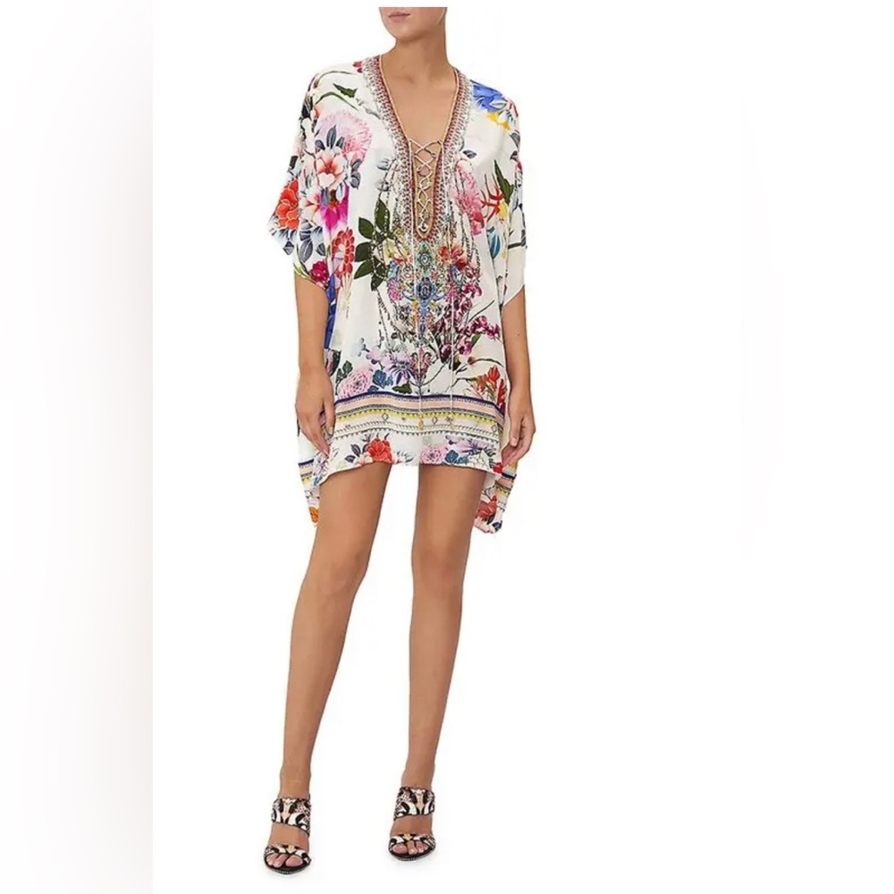 Camilla Cream Floral Lace-Up V-Neck Tunic